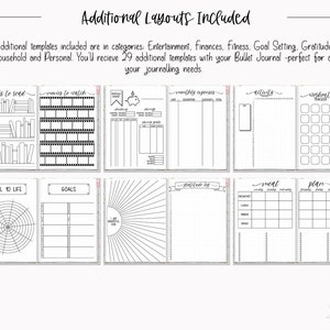 May include: A black and white printable bullet journal page with 29 different layouts for tracking books to read, movies to watch, monthly expenses, activities, workout trackers, level 10 life, goals, gratitude log, and meal plans.