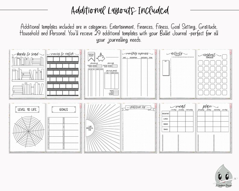 May include: A black and white printable bullet journal page with 29 different layouts for tracking books to read, movies to watch, monthly expenses, activities, workout trackers, level 10 life, goals, gratitude log, and meal plans.