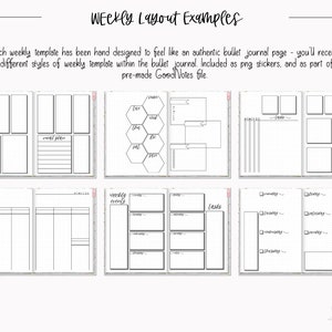 May include: A collection of 14 different weekly planner layouts, designed to look like a bullet journal. The layouts are black and white and feature a variety of grid and box styles. The text "Weekly Layout Examples" is at the top of the image.