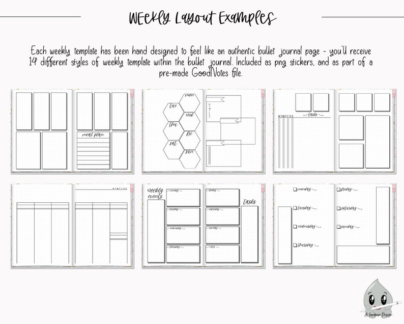 May include: A collection of 14 different weekly planner layouts, designed to look like a bullet journal. The layouts are black and white and feature a variety of grid and box styles. The text "Weekly Layout Examples" is at the top of the image.