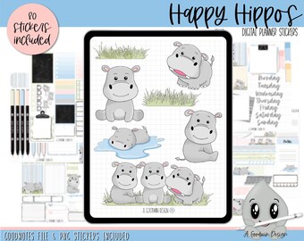 Happy Hippos Digital Planner Stickers | Decorative Sticker Set | Goodnotes Stickers | Digital Planner Stickers | PNG Stickers | Mini Kit