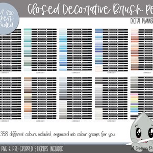 May include: A digital planner sticker set featuring over 300 brush pen colors organized into color groups. The image shows a variety of colors, including blues, greens, browns, grays, and pinks. The text "Closed Decorative Brush Pens" and "Digital Planner Stickers" is visible at the top of the image.