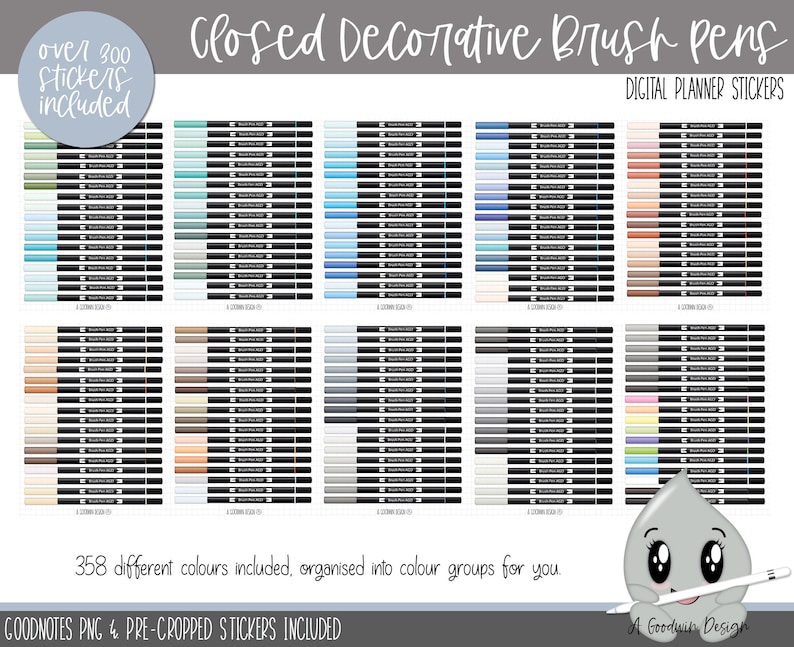 May include: A digital planner sticker set featuring over 300 brush pen colors organized into color groups. The image shows a variety of colors, including blues, greens, browns, grays, and pinks. The text "Closed Decorative Brush Pens" and "Digital Planner Stickers" is visible at the top of the image.