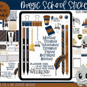 May include: A digital planner sticker set with a magical school theme. The stickers feature a variety of designs, including a book, a quill pen, a coffee cup, a castle, and a cute cartoon character. The stickers are in shades of blue, brown, and gold.