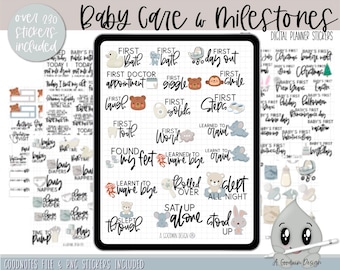 May include: Digital planner stickers for a baby care and milestones journal. The stickers feature illustrations of a baby, a bear, a bunny, a duck, and a cloud. The stickers are in various colors, including blue, pink, green, and yellow. The text on the stickers includes phrases like "First Bath", "First Smile", "First Steps", and "Learned to Crawl".