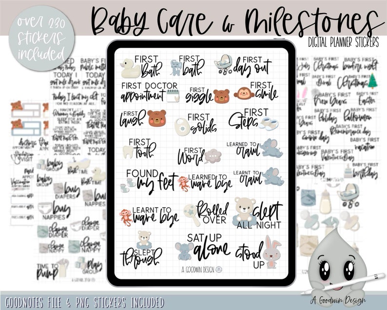 May include: Digital planner stickers for a baby care and milestones journal. The stickers feature illustrations of a baby, a bear, a bunny, a duck, and a cloud. The stickers are in various colors, including blue, pink, green, and yellow. The text on the stickers includes phrases like "First Bath", "First Smile", "First Steps", and "Learned to Crawl".