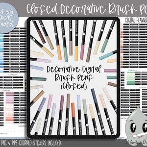 May include: A digital planner sticker set featuring over 300 closed brush pen illustrations in various colors. The stickers are arranged in a circle on a tablet screen with the text "Decorative Digital Brush Pens (Closed)" in the center.
