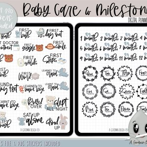 May include: Digital planner stickers for a baby's first year. The stickers feature illustrations of a baby, a bear, a monkey, a tooth, a rattle, a foot, a hand, a bunny, a cloud, and a star. The stickers also include text such as "First Bath", "First Smile", "First Steps", "Learned to Crawl", "Found My Feet", "Learned to Wave Bye", "Rolled Over", "Slept All Night", "Sat Up Alone", "Stood Up", "One Month", "Two Months", "Three Months", "Four Months", "Five Months", "Six Months", "Seven Months", "Eight Months", "Nine Months", "Ten Months", "Eleven Months", "Twelve Months".