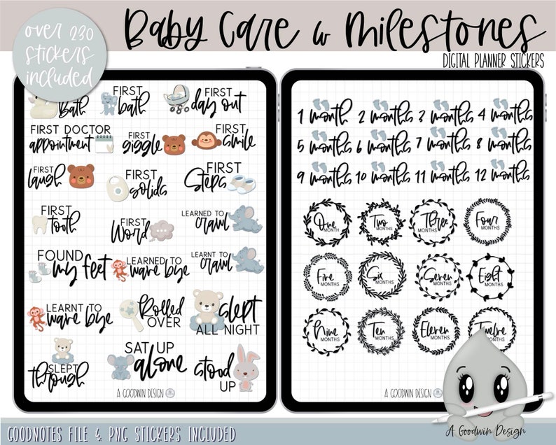 May include: Digital planner stickers for a baby's first year. The stickers feature illustrations of a baby, a bear, a monkey, a tooth, a rattle, a foot, a hand, a bunny, a cloud, and a star. The stickers also include text such as "First Bath", "First Smile", "First Steps", "Learned to Crawl", "Found My Feet", "Learned to Wave Bye", "Rolled Over", "Slept All Night", "Sat Up Alone", "Stood Up", "One Month", "Two Months", "Three Months", "Four Months", "Five Months", "Six Months", "Seven Months", "Eight Months", "Nine Months", "Ten Months", "Eleven Months", "Twelve Months".