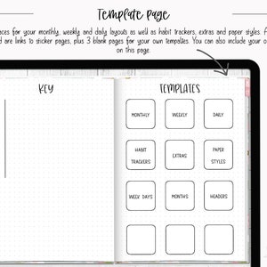 May include: A black and white printable planner page with a dotted grid pattern. The page is divided into two sections, one labeled "Key" and the other labeled "Templates". The "Templates" section has nine boxes, each labeled with a different type of planner page, such as "Monthly", "Weekly", "Daily", "Habit Trackers", "Extras", "Paper Styles", "Week Days", "Months", and "Headers".