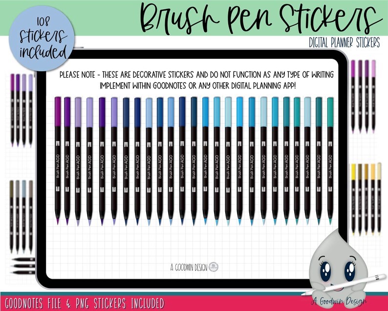 May include: Digital planner stickers featuring 108 brush pen illustrations in various shades of purple, blue, and teal. The stickers are designed for use in Goodnotes and other digital planning apps. "PLEASE NOTE - THESE ARE DECORATIVE STICKERS AND DO NOT FUNCTION AS ANY TYPE OF WRITING IMPLEMENT WITHIN GOODNOTES OR ANY OTHER DIGITAL PLANNING APP!"