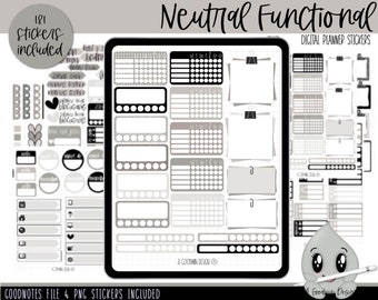 May include: A digital planner sticker set with 181 neutral coloured stickers. The stickers include various shapes, sizes, and designs, including boxes, circles, and lines. The stickers are designed for use with digital planners and are compatible with Goodnotes and PNG files.