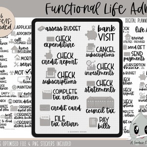 May include: A digital planner sticker set with 86 stickers featuring black and white illustrations of various functional life admin tasks, including checking budgets, paying bills, and managing subscriptions. The stickers are designed for use in digital planners and feature a cute cartoon character.