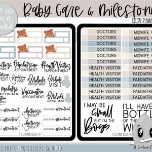May include: Digital planner stickers for baby care and milestones. The stickers are in a light blue, beige, and gray color scheme. The stickers feature illustrations of a baby, a bottle, and a stethoscope. The text on the stickers includes "Doctors Appointment", "Paediatrician Appointment", "Health Visitor Appointment", "Midwife Appointment", "Vaccination Appointment", and "I'll have a bottle of the wi".