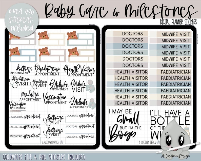 May include: Digital planner stickers for baby care and milestones. The stickers are in a light blue, beige, and gray color scheme. The stickers feature illustrations of a baby, a bottle, and a stethoscope. The text on the stickers includes "Doctors Appointment", "Paediatrician Appointment", "Health Visitor Appointment", "Midwife Appointment", "Vaccination Appointment", and "I'll have a bottle of the wi".