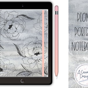May include: A gray and white notebook with a floral design and the text "PEONY PORTRAIT NOTEBOOK" on the cover. The notebook is closed and has a pink stylus next to it.