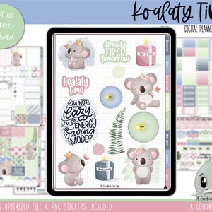 Puede incluir: Pegatinas digitales para planificador con lindas ilustraciones de koalas y textos como "No soy perezoso, estoy en modo de ahorro de energía" y "Koalaty Time".