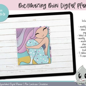 Peut inclure: Un planificateur numérique avec une illustration de sirène sur la couverture. Le planificateur est conçu pour être utilisé sur une tablette et comprend une vue mensuelle, des pages hebdomadaires liées, des pages quotidiennes liées, un budget mensuel, une planification des repas mensuelle, un suivi des habitudes mensuel, 5 sections à onglets et 6 types de papier.
