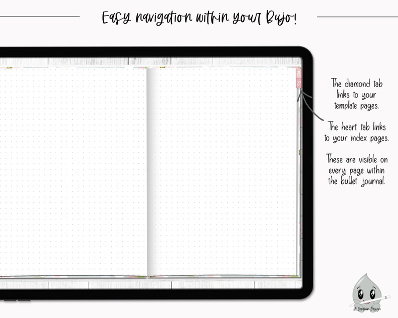 May include: A close-up of a white, dotted bullet journal with a black cover. The journal has two tabs on the right side, one diamond-shaped and one heart-shaped. The text "Easy navigation within your Bujo!" is at the top of the image.
