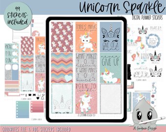 May include: A digital planner sticker set with a unicorn theme. The stickers feature unicorns, rainbows, glitter, and motivational quotes like "There's magic inside you" and "Never give up".