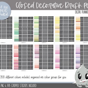 May include: A digital planner sticker set featuring 358 different colored brush pen illustrations. The image shows a variety of colors organized into color groups. The text "Closed Decorative Brush Pens" and "Digital Planner Stickers" is included in the image.