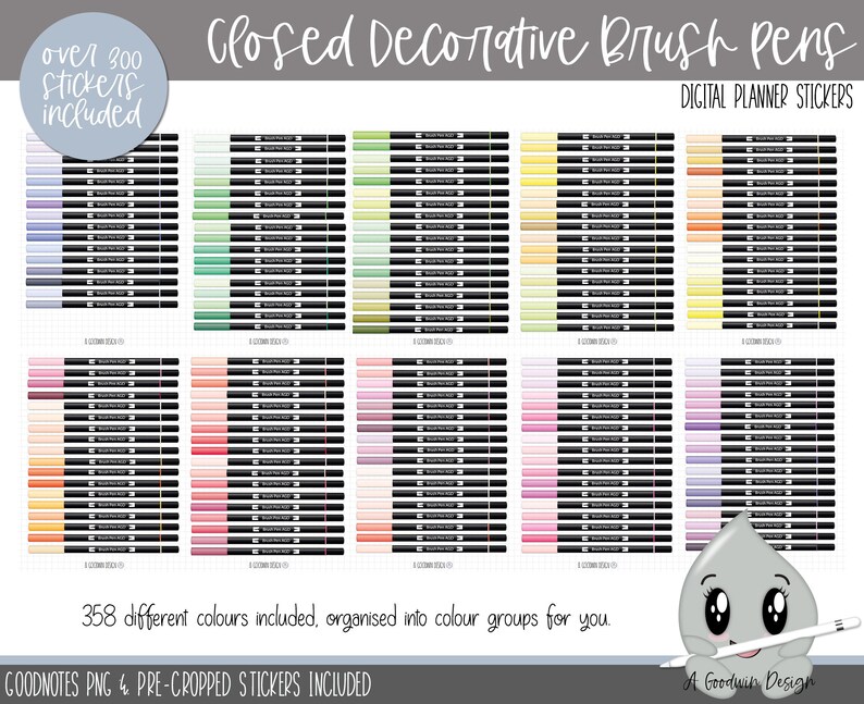May include: A digital planner sticker set featuring 358 different colored brush pen illustrations. The image shows a variety of colors organized into color groups. The text "Closed Decorative Brush Pens" and "Digital Planner Stickers" is included in the image.