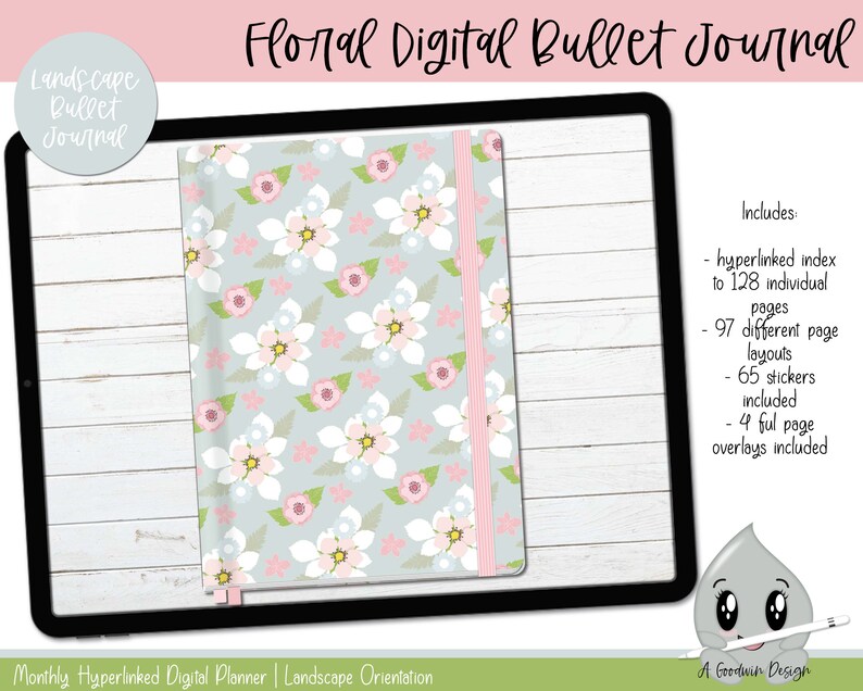 May include: A digital bullet journal with a floral design on a tablet screen. The journal includes 128 pages, 97 different page layouts, 65 stickers, and 4 full page overlays. The text "Floral Digital Bullet Journal" is at the top of the image.