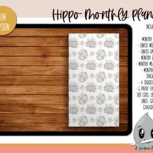 May include: A digital planner template with a white background and a pattern of grey hippos. The text "Hippo Monthly Planner" is at the top of the image. The text "SLIM VERSION" is in a yellow circle at the top left of the image. The text "INCLUDES:" is at the top right of the image. The text below "INCLUDES:" lists the features of the planner, including monthly spread, linked weekly pages, linked daily pages, monthly budgeting, monthly meal planning, monthly habit tracking, 4 tabbed sections, and 6 paper types.