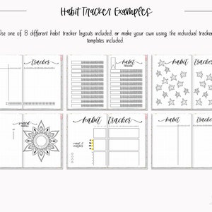 May include: Eight different black and white habit tracker layouts for a bullet journal. The layouts include a grid, a mandala, stars, and a simple line design.
