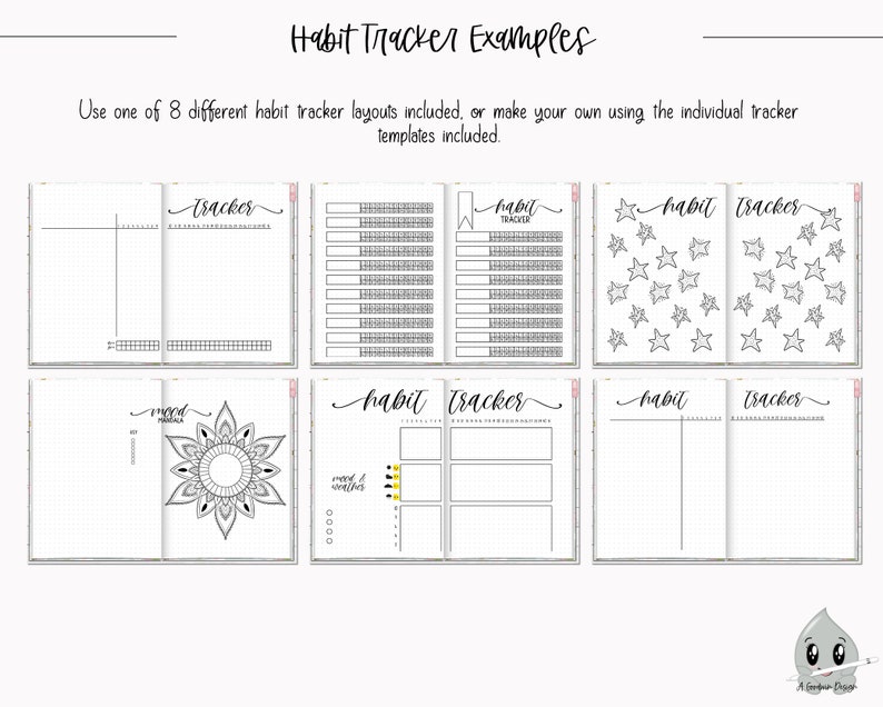 May include: Eight different black and white habit tracker layouts for a bullet journal. The layouts include a grid, a mandala, stars, and a simple line design.