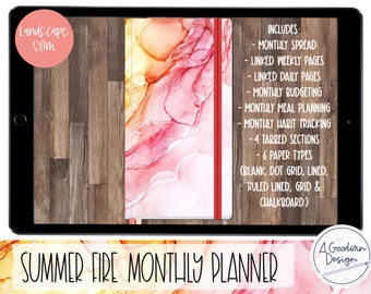 Summer Fire Monthly Slim Planner for Goodnotes | IPad Planner | Goodnotes Planner | Landscape Planner | Notebook Planner |
