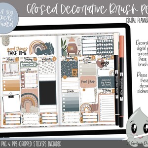 May include: Digital planner stickers featuring a set of brush pens with a rainbow, cloud, and geometric design. The stickers are labeled "Good Things Take Time" and include a variety of planner elements like "Monday", "Tuesday", "Wednesday", "Thursday", "Friday", "Saturday", "Sunday", "Planning Time", "Appointment", "Work", "Food Shop", "Family Time", and "Bin Day".