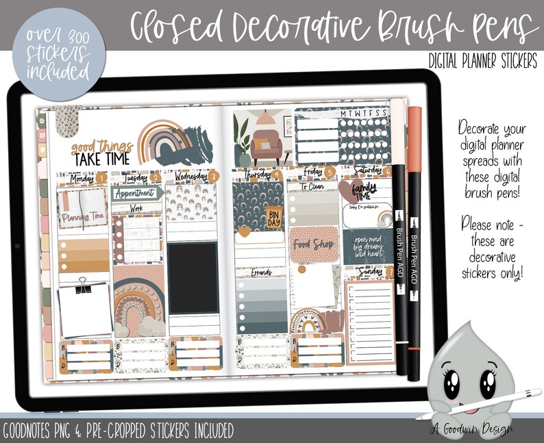 May include: Digital planner stickers featuring a set of brush pens with a rainbow, cloud, and geometric design. The stickers are labeled "Good Things Take Time" and include a variety of planner elements like "Monday", "Tuesday", "Wednesday", "Thursday", "Friday", "Saturday", "Sunday", "Planning Time", "Appointment", "Work", "Food Shop", "Family Time", and "Bin Day".