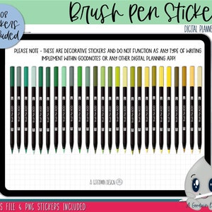 May include: Digital planner stickers featuring 108 brush pen illustrations. The stickers are in various shades of green and yellow. The text "Brush Pen Stickers" and "Digital Planner Stickers" is at the top of the image. The text "GOODNOTES FILE & PNG STICKERS INCLUDED" is at the bottom of the image.
