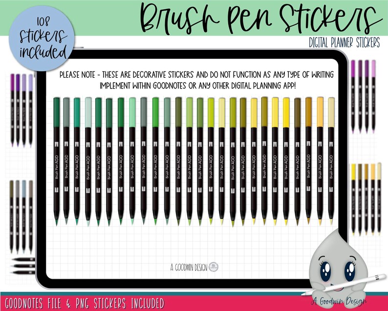 May include: Digital planner stickers featuring 108 brush pen illustrations. The stickers are in various shades of green and yellow. The text "Brush Pen Stickers" and "Digital Planner Stickers" is at the top of the image. The text "GOODNOTES FILE & PNG STICKERS INCLUDED" is at the bottom of the image.