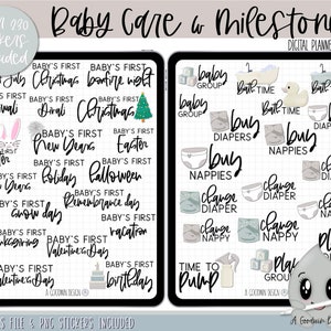May include: Digital planner stickers for baby care and milestones. The stickers are in a light gray and blue color scheme and feature illustrations of babies, diapers, bottles, and other baby-related items. The text on the stickers includes phrases like "Baby's First", "Bath Time", "Change Diaper", and "Play Group".