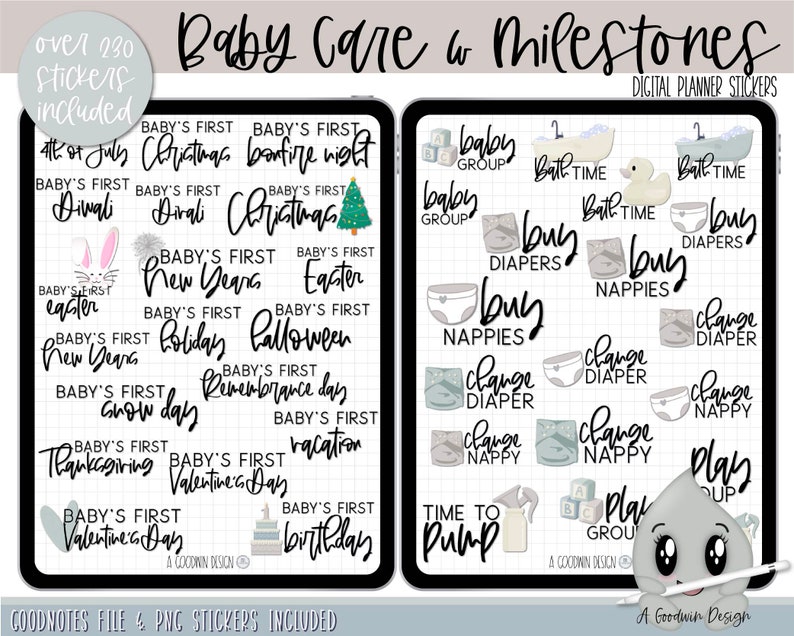 May include: Digital planner stickers for baby care and milestones. The stickers are in a light gray and blue color scheme and feature illustrations of babies, diapers, bottles, and other baby-related items. The text on the stickers includes phrases like "Baby's First", "Bath Time", "Change Diaper", and "Play Group".