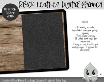 May include: Black leather digital planner with a wood grain background. The planner includes 12 monthly spreads, a yearly dates overview, 18 linked blank pages for customization, and weekly spreads linked to monthly pages.