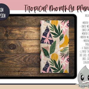 May include: A digital planner with a tropical theme. The cover features a colourful design with pink flowers, green leaves, and yellow circles on a beige background. The planner includes monthly, weekly, and daily pages, as well as budgeting, meal planning, and habit tracking sections. It also includes six different paper types, including blank, dot grid, lined, ruled, grid, and chalkboard.