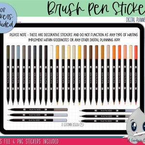 May include: A digital planner sticker set featuring 108 brush pen stickers. The stickers are in various colors, including purple, gray, brown, orange, and yellow. The stickers are designed to look like brush pens and have the text "Brush Pen AGD" on them. The text "108 Stickers Included" is in a circle at the top left of the image. The text "Brush Pen Stickers" is at the top center of the image. The text "Digital Planner Stickers" is at the top right of the image. The text "Goodnotes File & PNG Stickers Included" is at the bottom of the image.