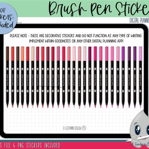 May include: A digital planner sticker set featuring 108 brush pen stickers in various shades of pink, red, purple, brown, and yellow. The stickers are designed to look like brush pens and are labeled with the text "Brush Pen AGD". The text "PLEASE NOTE - THESE ARE DECORATIVE STICKERS AND DO NOT FUNCTION AS ANY TYPE OF WRITING IMPLEMENT WITHIN GOODNOTES OR ANY OTHER DIGITAL PLANNING APP!" is also included in the image.