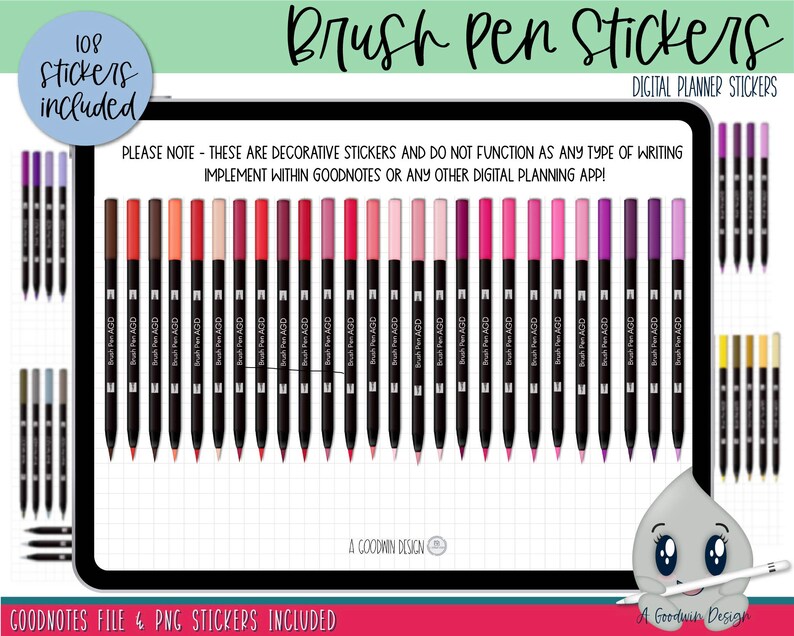 May include: A digital planner sticker set featuring 108 brush pen stickers in various shades of pink, red, purple, brown, and yellow. The stickers are designed to look like brush pens and are labeled with the text "Brush Pen AGD". The text "PLEASE NOTE - THESE ARE DECORATIVE STICKERS AND DO NOT FUNCTION AS ANY TYPE OF WRITING IMPLEMENT WITHIN GOODNOTES OR ANY OTHER DIGITAL PLANNING APP!" is also included in the image.