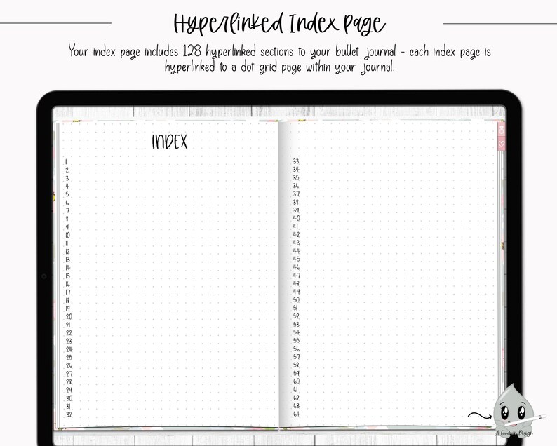 May include: A white, lined journal with a black dotted grid pattern. The journal has a black cover with the word "INDEX" written in black. The journal is open to two pages, each with a numbered list of 32 numbers.