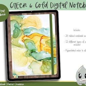 May include: A digital notebook with a green and gold abstract design. The notebook includes 26 tabbed sections, 12 different types of paper, and a hyperlinked index to all tabs.