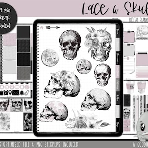 Könnte beinhalten: Ein digitales Planer-Sticker-Set mit über 230 Stickern zum Thema Spitze und Schädel. Die Sticker sind in Schwarzweiß gehalten und zeigen eine Vielzahl von Designs, darunter Schädel mit Blumen, Schädel mit Spitze und Schädel mit Flügeln. Die Sticker sind für die Verwendung in digitalen Planern konzipiert und mit Goodnotes kompatibel.
