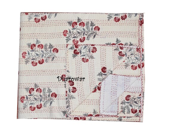 Doble Tamaño FLORAL KANTHA QUILT de Bloque de Mano 100/% Algodón Colcha Bloque de Mano India