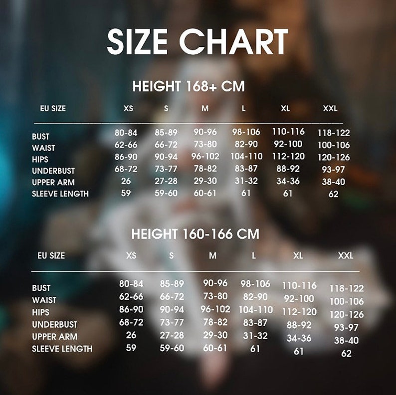 May include: Size chart for clothing with measurements in inches for bust, waist, hips, underbust, upper arm, and sleeve length. The chart is divided into two sections: Height 168+ cm and Height 160-166 cm. Each section lists sizes XS, S, M, L, XL, and XXL.