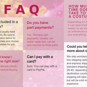 May include: A pink and white graphic with the title "FAQ" in large, maroon letters. The image is divided into sections with questions like "What included in a costume?" and "How much time does it take to make a costume?"