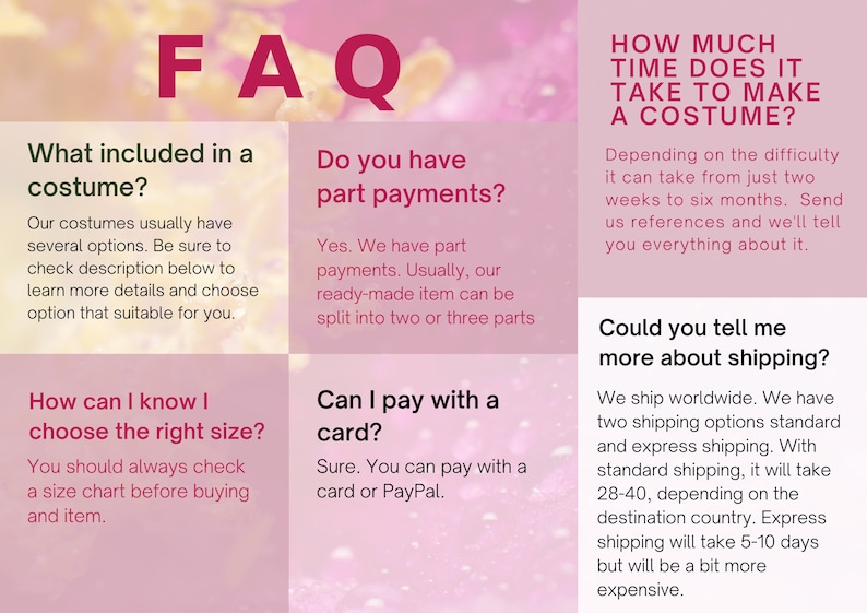 May include: FAQ page with information about costumes, including details on what is included, payment options, sizing, and shipping. The page has a pink background with white text.