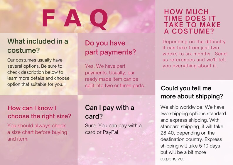 May include: FAQ page with information about costumes, including details on what is included, payment options, sizing, and shipping. The page has a pink background with white text.